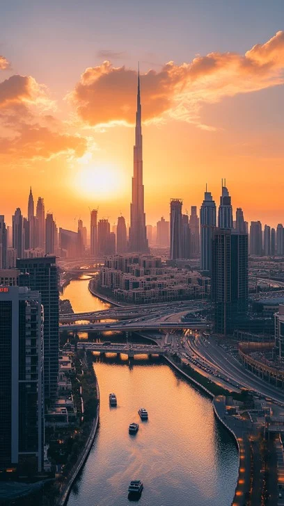 Dubai skyline at sunset with the Burj Khalifa rising above the city.